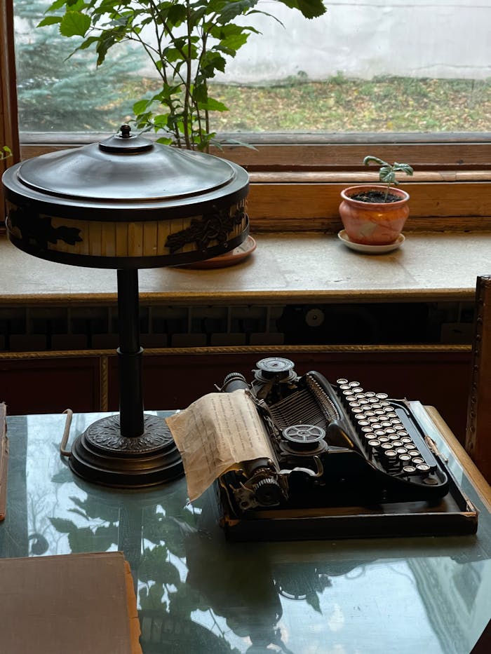 Vintage Lamp and Typewriter near Windowsill with Plant